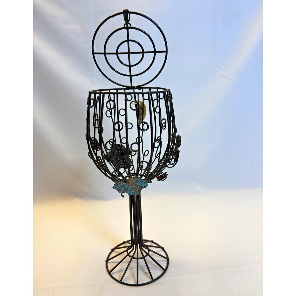 Metal Floral Goblet Pillar Fun Holder Black w/ Red Glass Insert 11 in FR-598